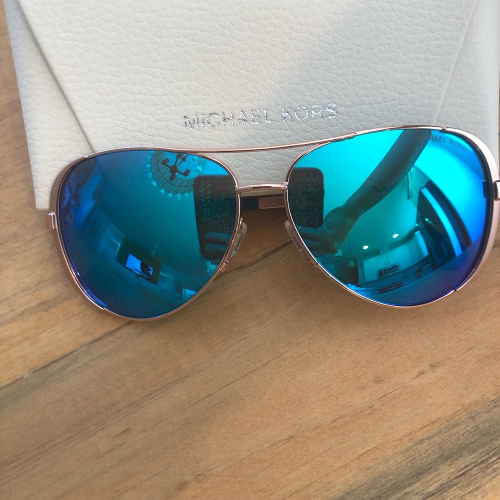 Michael Kors Rose Gold Frame Sunglasses with Blue Mirrored Lenses - Picture 5 of 6